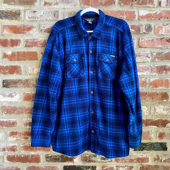 Eddie Bauer Mens Fleece Button Up Shirt, Long Sleeve, Blue/Black Plaid, Size 2XL - Picture 1 of 12